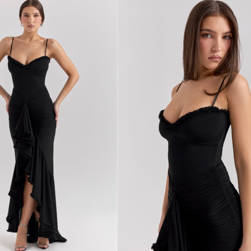 House of CB ‘Gabbi’ Black Ruffle Maxi Dress NWOT